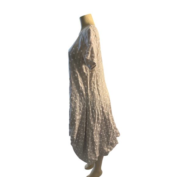 Women L Luca Vanucci Italy Beige Polka Dot 100% Linen Lagenlook Dress Asymmetric - Picture 3 of 7